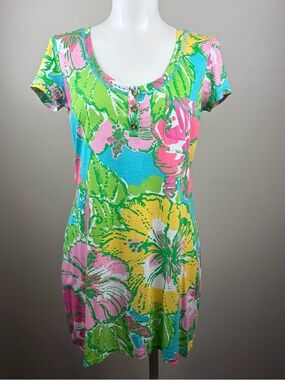 Lilly Pulitzer S Britton Henley Pink and Mint Floral T shirt Dress Pima Cotton